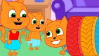 Cats Family in English - Fun Game With Rainbow Wheels Cartoon for Kids