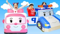 Boram and Konan Ddochi ride on Robocar POLI Papercar